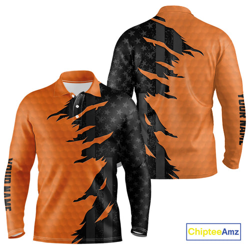 Personalized Mens golf polo shirts custom orange golf ball skin black American flag mens golf apparel NQS10070