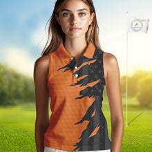 Load image into Gallery viewer, Womens sleeveless golf polos shirts orange golf ball skin black American flag ladies golf apparel NQS10070