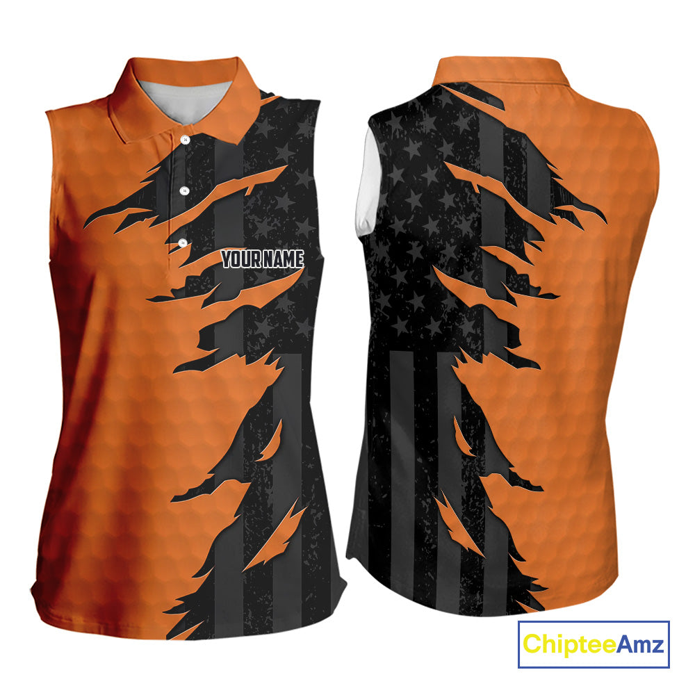 Womens sleeveless golf polos shirts orange golf ball skin black American flag ladies golf apparel NQS10070