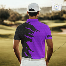 Load image into Gallery viewer, Personalized Mens golf polo shirts custom purple golf ball skin black American flag mens golf apparel NQS10071