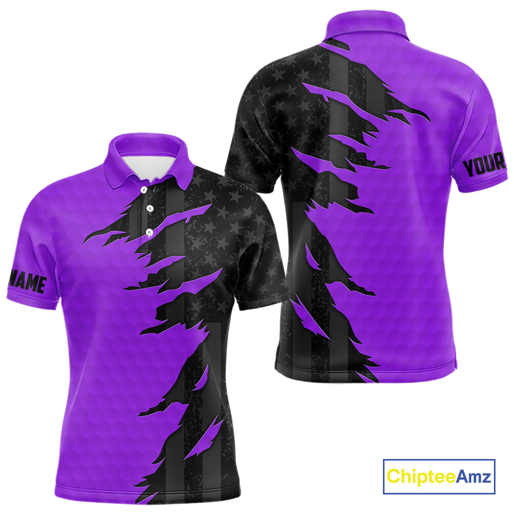 Personalized Mens golf polo shirts custom purple golf ball skin black American flag mens golf apparel NQS10071