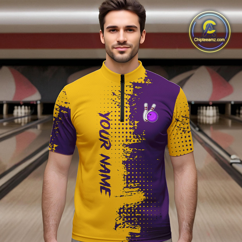 Yellow and Purple Bowling Polo, Quarter Zip shirts for Men Custom Bowling Team Jerseys NQS10222