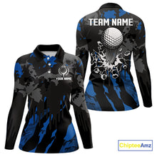 Load image into Gallery viewer, Black and Blue Camo pattern Womens Golf Polo Shirts custom ladies golf tops, cool golf gifts NQS9826