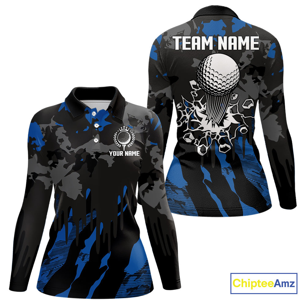 Black and Blue Camo pattern Womens Golf Polo Shirts custom ladies golf tops, cool golf gifts NQS9826