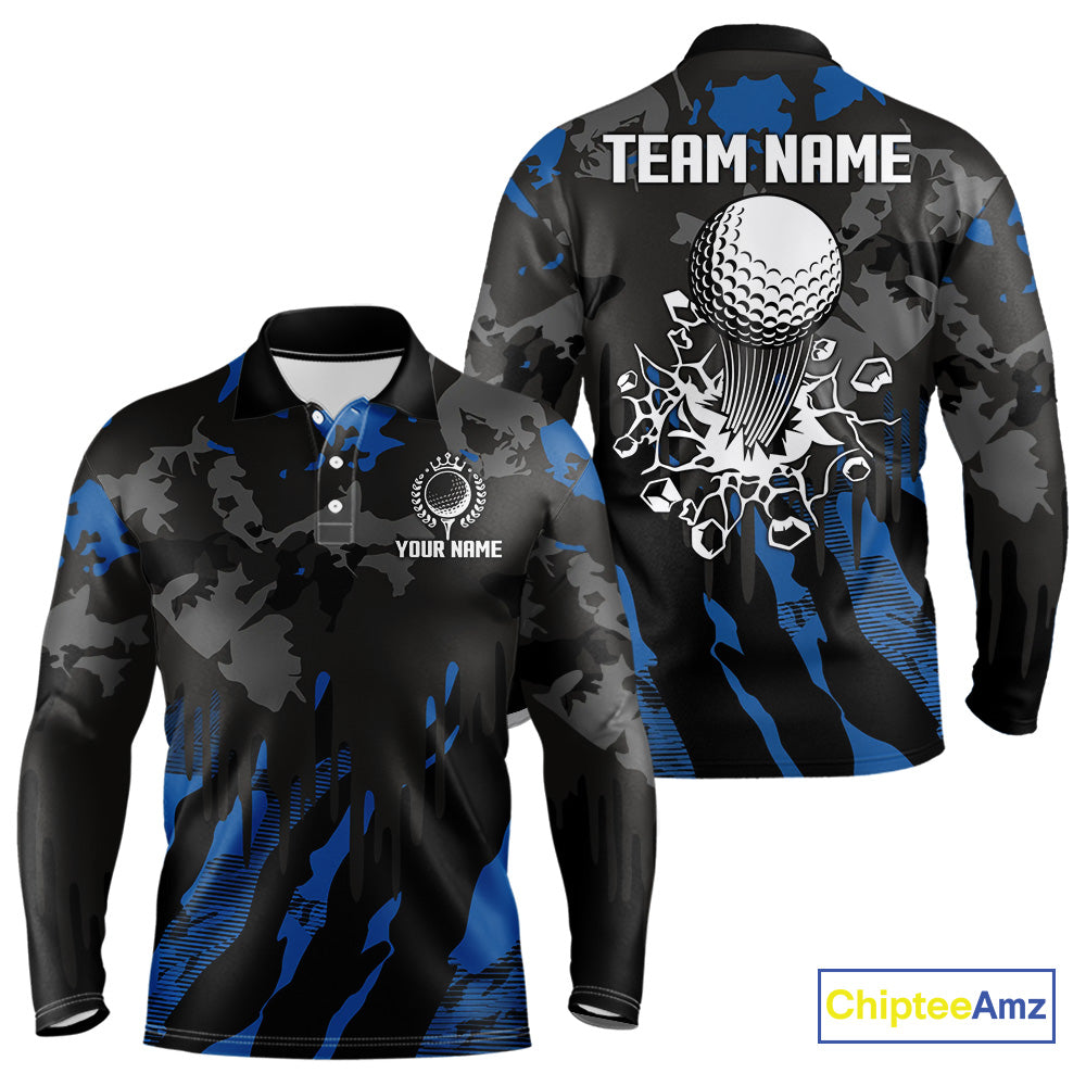 Black and Blue Camo pattern Mens Golf Polo Shirts custom mens golf tops, cool golf gifts NQS9826
