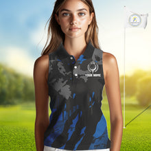 Load image into Gallery viewer, Black and Blue Camo pattern Womens Sleeveless Polo Shirts custom ladies golf tops, cool golf gifts NQS9826