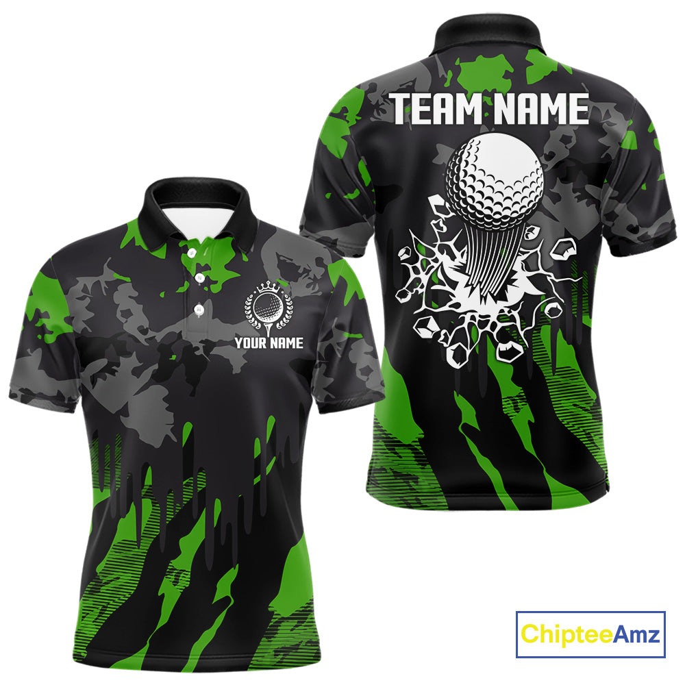 Black and Green Camo pattern Mens Golf Polo Shirts custom mens golf tops, cool golf gifts NQS9827