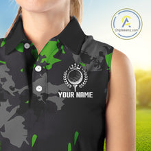 Load image into Gallery viewer, Black and Green Camo pattern Womens Sleeveless Polo Shirts custom ladies golf tops, cool golf gifts NQS9827