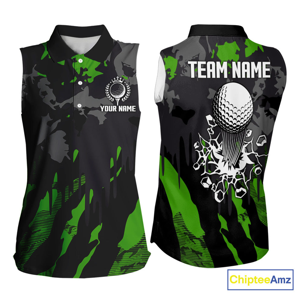 Black and Green Camo pattern Womens Sleeveless Polo Shirts custom ladies golf tops, cool golf gifts NQS9827