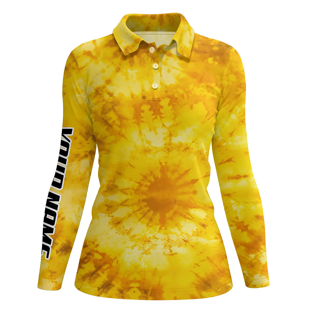 Womens golf polo shirts with yellow tie dye pattern custom pattern golf shirt for women, golf tops NQS5643