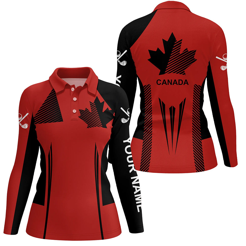 Personalized black and red Canada flag golf polo shirt for women custom patriotic gifts for golf lover NQS7754