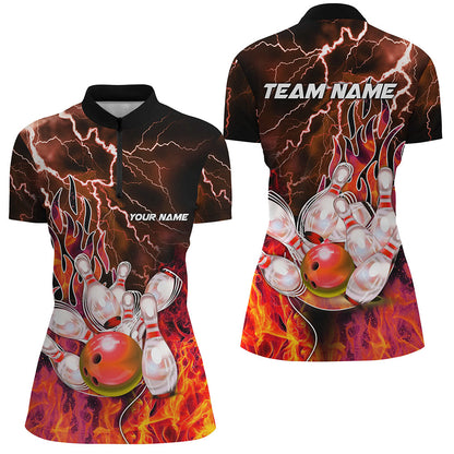Women Bowling Polo, 1/4 Zip Shirt Custom orange lightning thunder Bowling Team Jersey, gift for Bowler NQS8174