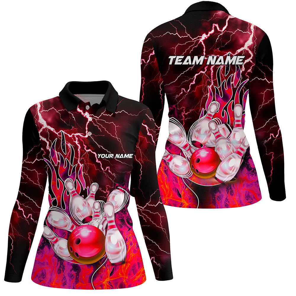 Women Bowling Polo, 1/4 Zip Shirt Custom red lightning thunder Bowling Team Jersey, gift for Bowler NQS8175