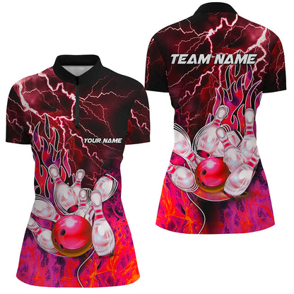Women Bowling Polo, 1/4 Zip Shirt Custom red lightning thunder Bowling Team Jersey, gift for Bowler NQS8175