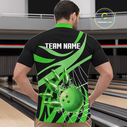 Green flame bowling 1/4 zip, mens polo bowling shirts Custom Team bowling shirts for men NQS11394