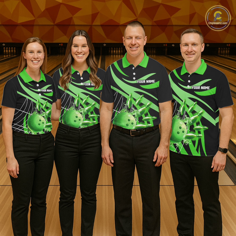 Green flame bowling 1/4 zip, mens polo bowling shirts Custom Team bowling shirts for men NQS11394