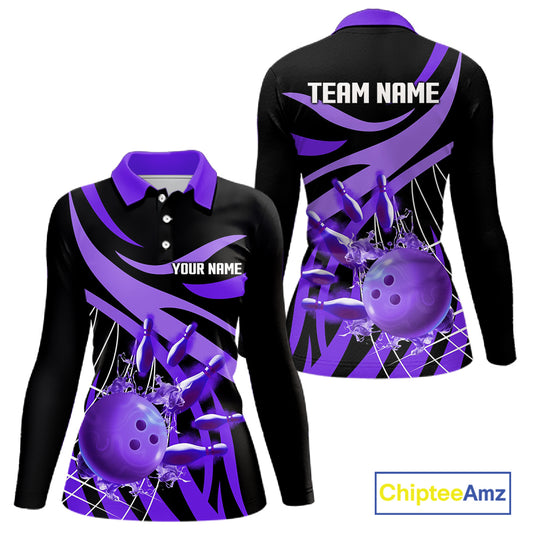 Purple flame short-sleeve, long-sleeve bowling shirts for women Custom Team bowling outfit women NQS11395