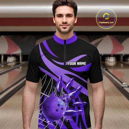 Purple flame bowling 1/4 zip, mens polo bowling shirts Custom Team bowling shirts for men NQS11395