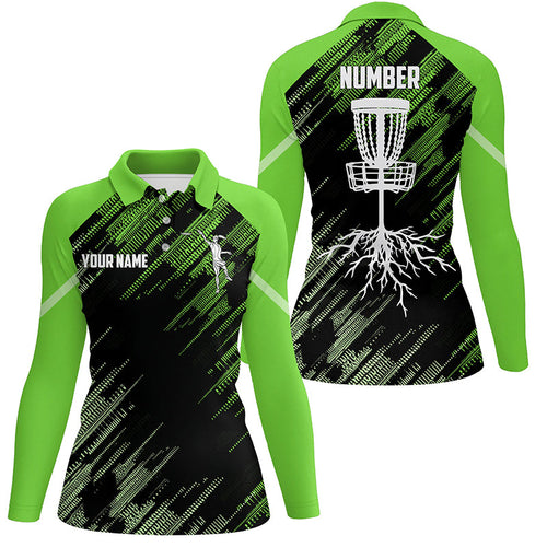 Green Disc golf basket camo custom name & number Womens polo shirts, ladies disc golf outfit NQS7417