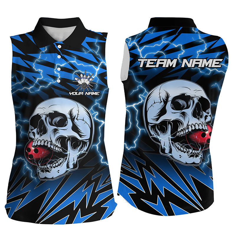 Women sleeveless polo shirt Custom blue lightning thunder Skull Bowling Team Jersey, gift for Bowlers NQS7420
