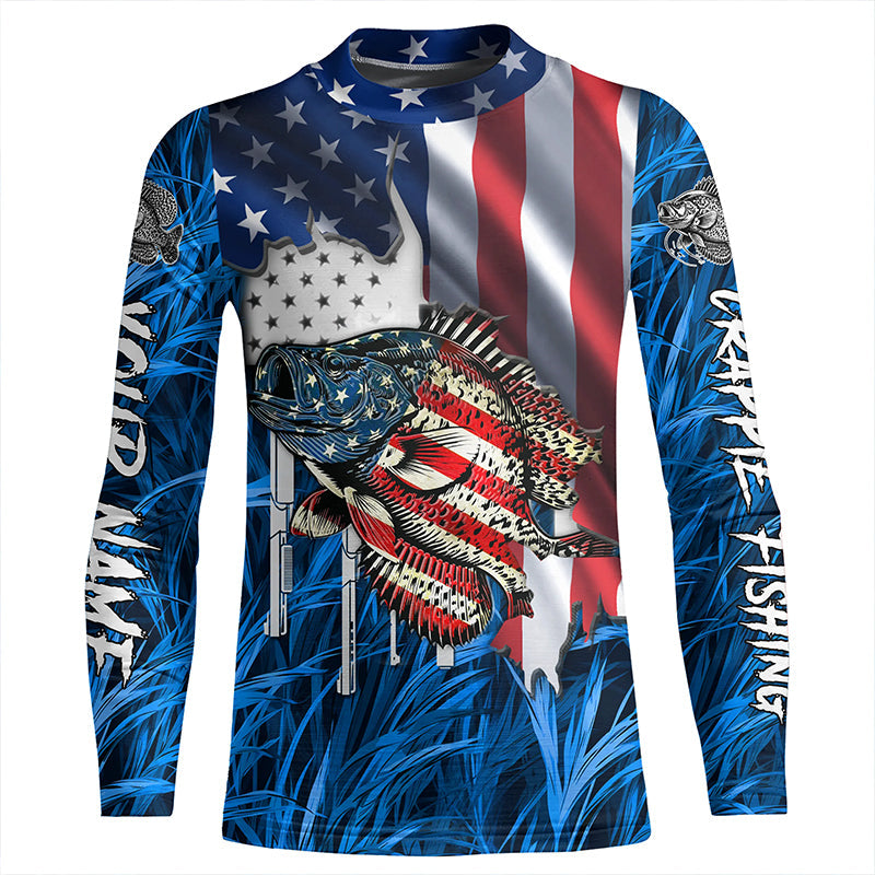 American flag patriot Crappie blue camo fishing, custom mens long sleeve sun protection fishing shirts NQS7987