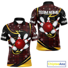 Load image into Gallery viewer, Red Christmas Plaid pattern snowflake Black and Gold Men&#39;s Bowling shirts Custom Xmas Bowling Gifts NQS10997