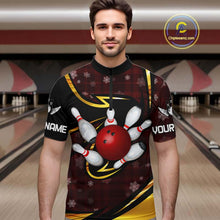 Load image into Gallery viewer, Red Christmas Plaid pattern snowflake Black and Gold Men&#39;s Bowling shirts Custom Xmas Bowling Gifts NQS10997
