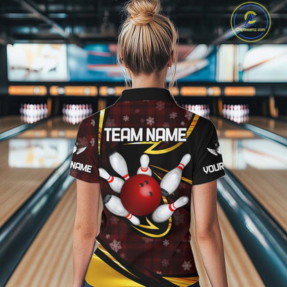 Red Christmas Plaid pattern snowflake Black and Gold Women's Bowling shirts Custom Xmas Bowling Gifts NQS10997