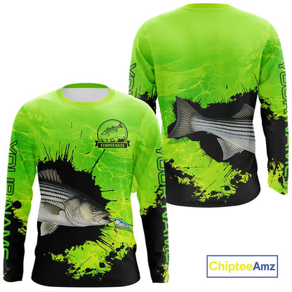 Personalized Striped Bass fishing Performance long sleeve Fishing Shirt, Striper fishing jersey|Green NQS11194