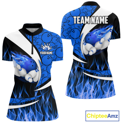 Blue Flame Bowling Camo Bowling Polo, Quarter Zip Shirts For Women Custom Bowling Team Bowler Jerseys NQS11195
