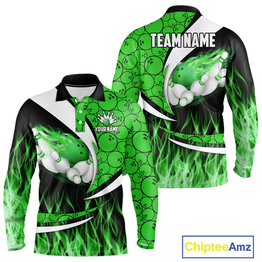 Green Flame Bowling Camo Bowling Polo, Quarter Zip Shirts For Men Custom Bowling Team Bowler Jerseys NQS11196