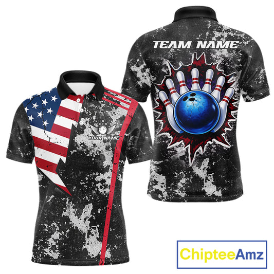 American Flag grunge Bowling polo shirts, 1/4 zip shirt for men Custom patriotic team bowling jerseys NQS11405