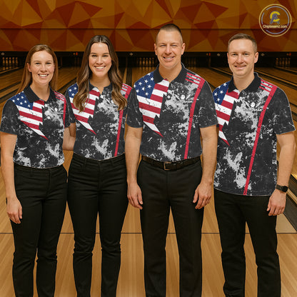 American Flag grunge Women Bowling polo shirts, 1/4 zip shirt Custom patriotic team bowling jerseys NQS11405