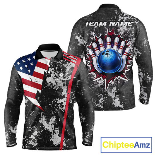 American Flag grunge Bowling polo shirts, 1/4 zip shirt for men Custom patriotic team bowling jerseys NQS11405