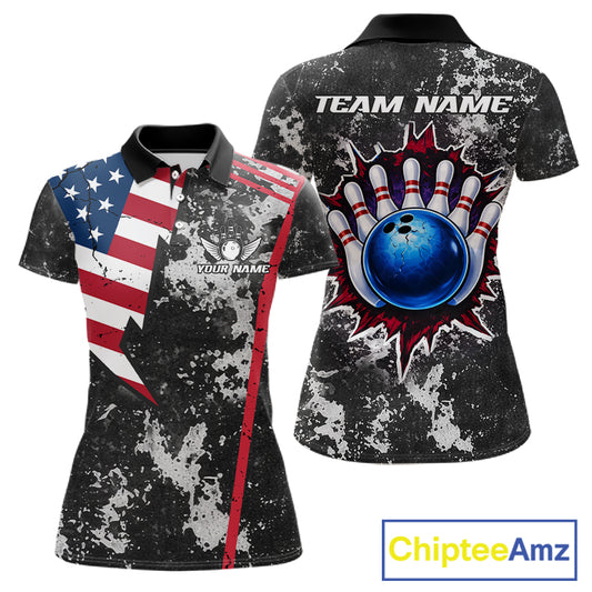 American Flag grunge Women Bowling polo shirts, 1/4 zip shirt Custom patriotic team bowling jerseys NQS11405