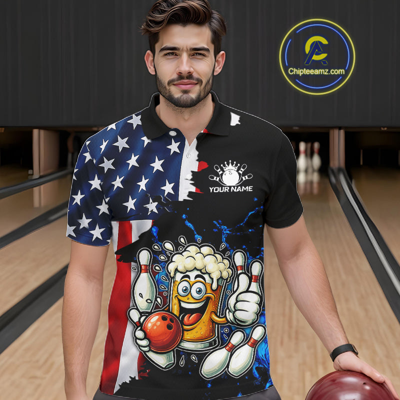 Funny Beer Bowling Shirts for Men Custom US Flag Patriotic Team Bowling Jerseys Uniforms NQS11602