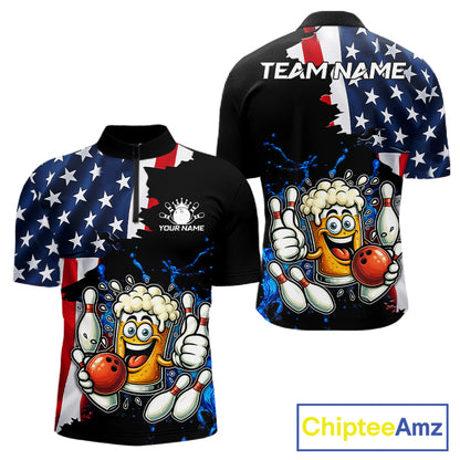 Funny Beer Bowling Shirts for Men Custom US Flag Patriotic Team Bowling Jerseys Uniforms NQS11602
