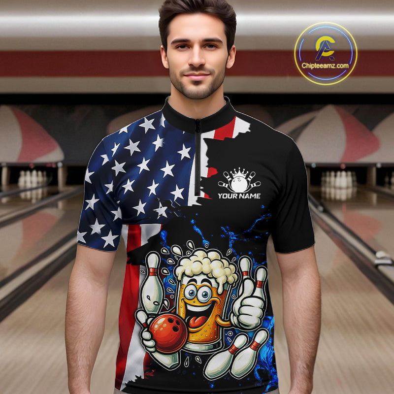 Funny Beer Bowling Shirts for Men Custom US Flag Patriotic Team Bowling Jerseys Uniforms NQS11602