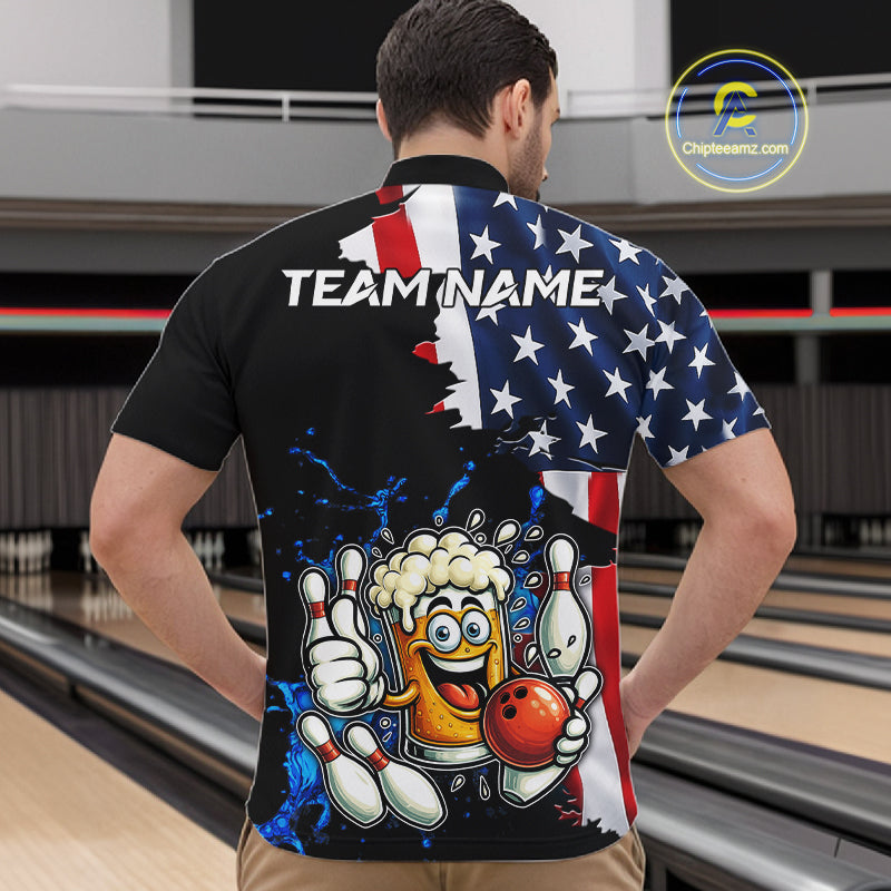 Funny Beer Bowling Shirts for Men Custom US Flag Patriotic Team Bowling Jerseys Uniforms NQS11602
