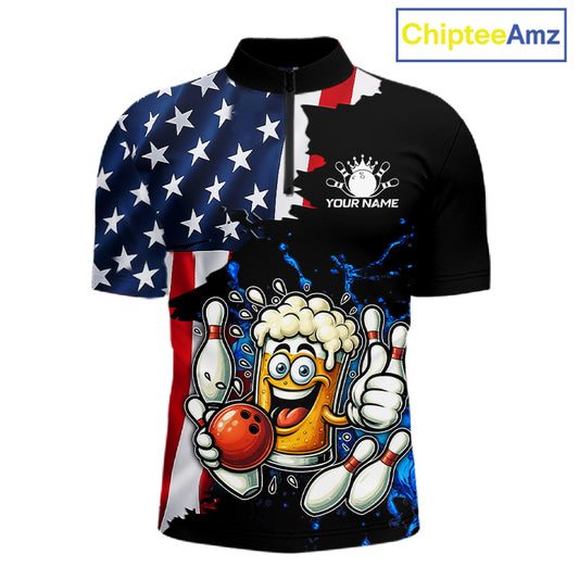 Funny Beer Bowling Shirts for Men Custom US Flag Patriotic Team Bowling Jerseys Uniforms NQS11602