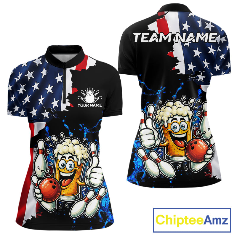 Funny Beer Bowling Shirts for Women Custom US Flag Patriotic Team Bowling Jerseys Uniforms NQS11602