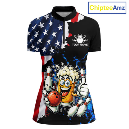 Funny Beer Bowling Shirts for Women Custom US Flag Patriotic Team Bowling Jerseys Uniforms NQS11602