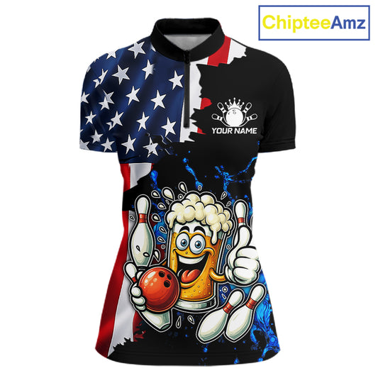 Funny Beer Bowling Shirts for Women Custom US Flag Patriotic Team Bowling Jerseys Uniforms NQS11602