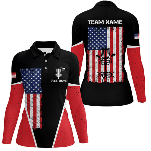 Black Womens Disc golf polo shirts vintage American flag patriot custom disc golf shirt for Ladies NQS7993