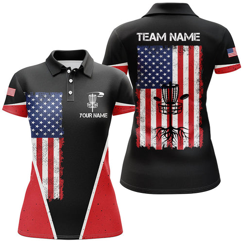 Black Womens Disc golf polo shirts vintage American flag patriot custom disc golf shirt for Ladies NQS7993