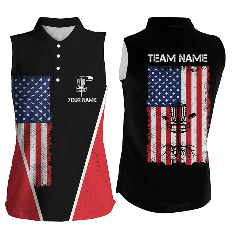 Black Womens sleeveless Disc golf polo shirts vintage American flag patriot custom disc golf shirt NQS7993