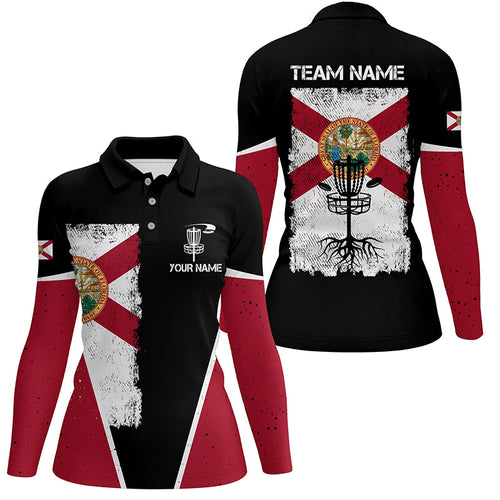 Black Womens Disc golf polo shirts vintage Florida flag patriot custom disc golf shirt for Ladies NQS7994