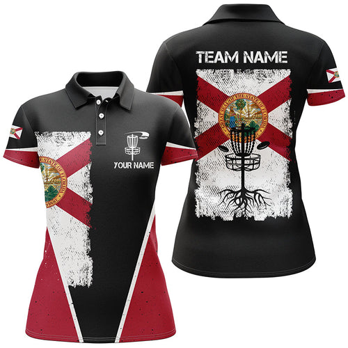 Black Womens Disc golf polo shirts vintage Florida flag patriot custom disc golf shirt for Ladies NQS7994