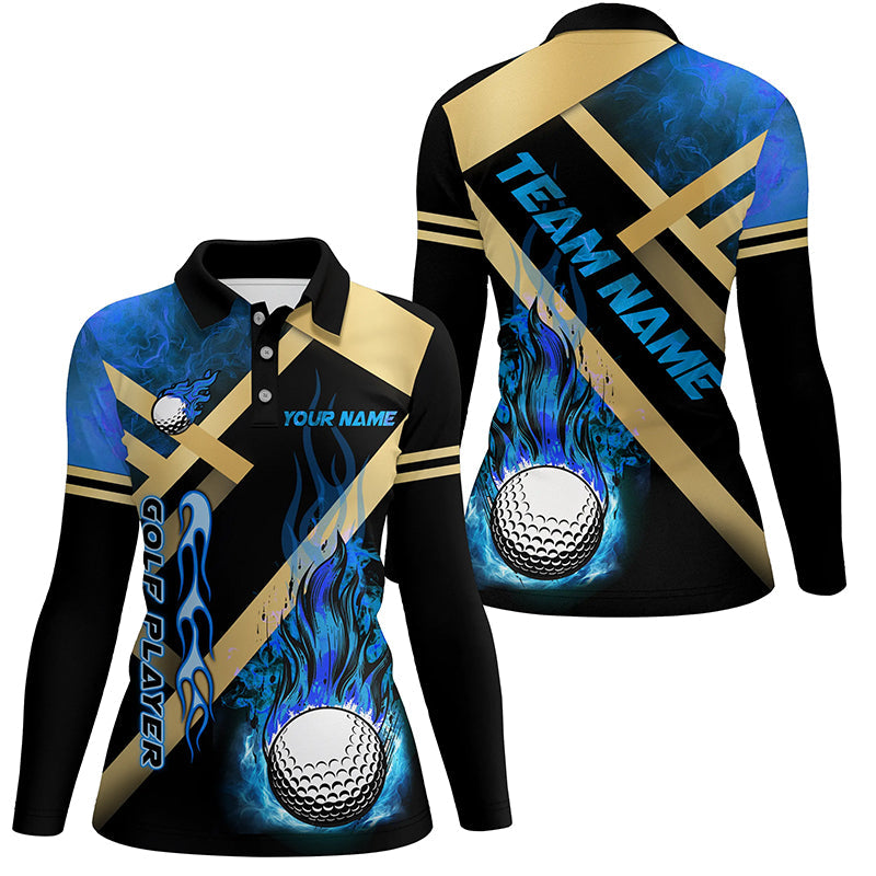 Womens golf polo shirt custom blue flame golf ball golf apparel for ladies, personalized golf gifts NQS7999