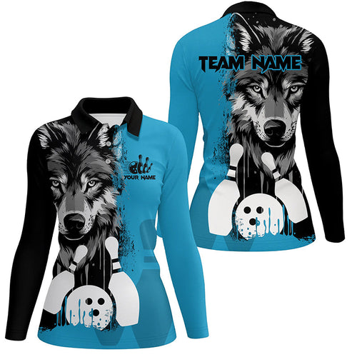 Black and Blue Wolf Bowling Polo, Quarter Zip Shirts For Women Custom Bowling Team League Jerseys NQS8642